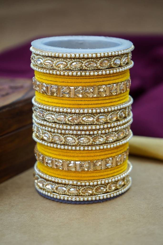 Premium Velvet Bangles Set – Wedding & Party Wear : HJ-28-24-YELLOW