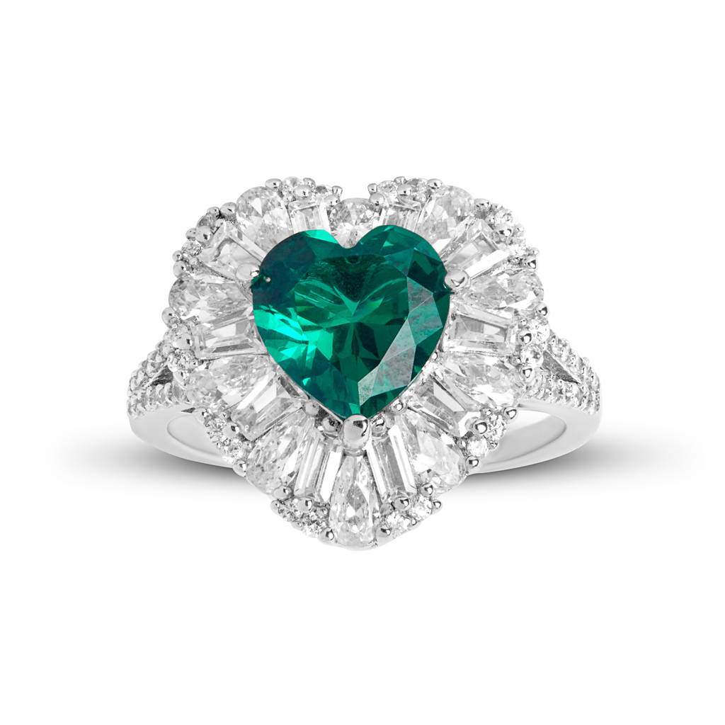 Silver Heart Emerald And Diamond Ring : R016-WH-E-12