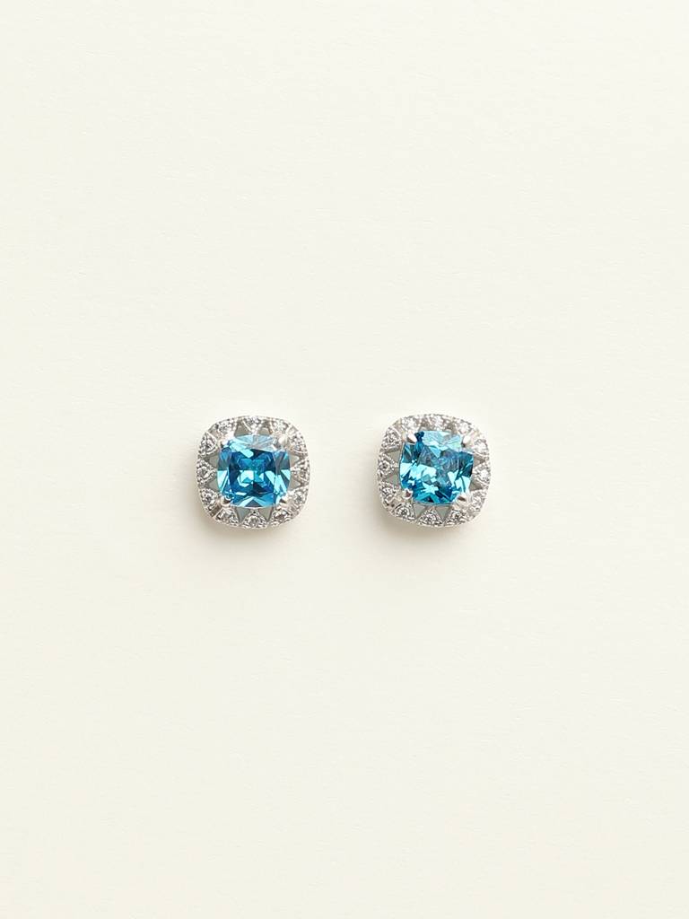 92.5 Sterling Silver Rhodium Plated Swiss Zirconia Sky Blue Cushion Stud Earrings With Screw Back Gift For Wome : CSCLRE2CU_BT