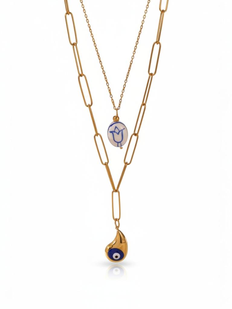 Statement Layered Blue White Flower Ceramic Necklace : CAO0035NIH