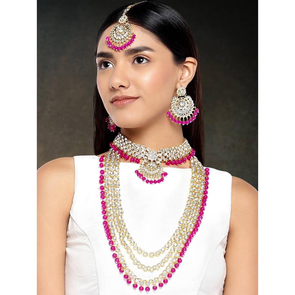 Peora Gold Plated Kundan & Rani Pink Faux Beads Studded Bridal Jewellery Set Gift For Women : PF25BR106RP