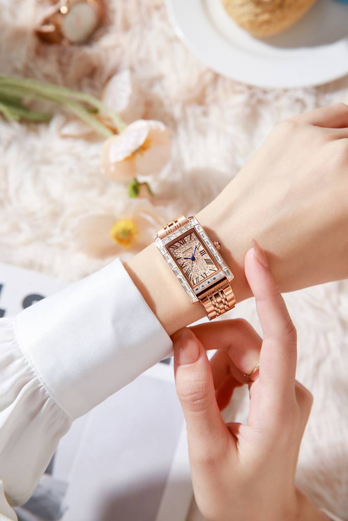 Giordano Rectangular Dress Watch For Women With Crystal Bezel, Roman Indiced And Sparkling Dial : GZ-60119-33