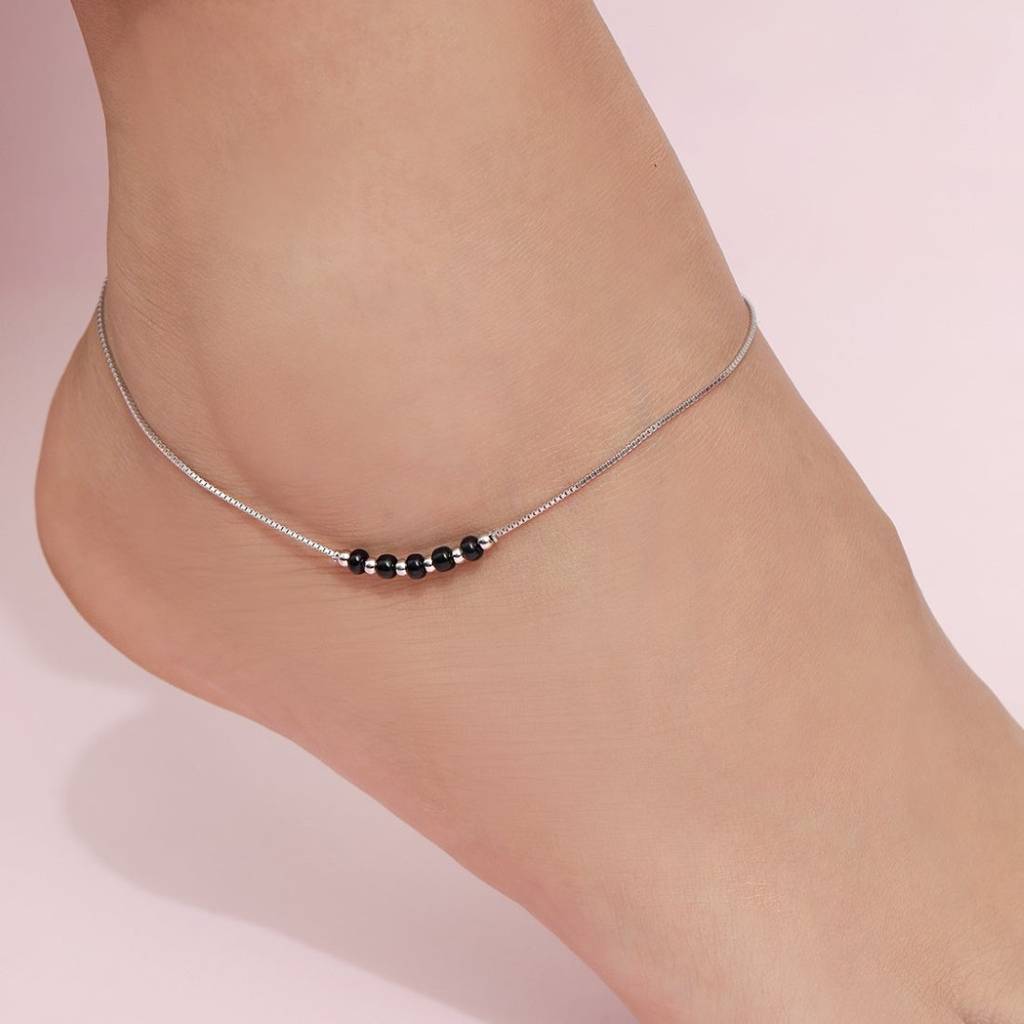 Minimal Beaded Rhodium Plated 925 Sterling Silver Anklet : ANK-60398-PAIR-R