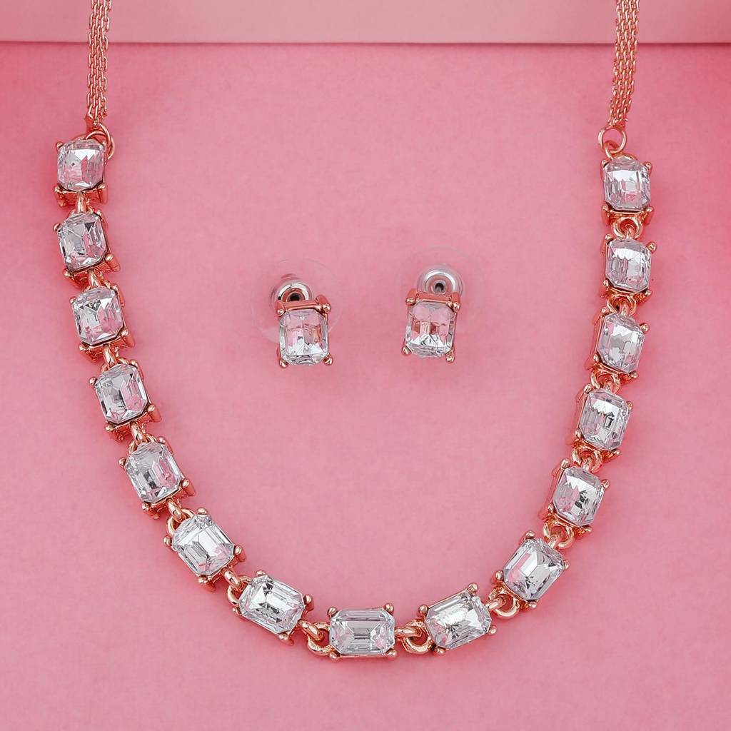 Estele Rose Gold Plated Sparkling Necklace Set With Crystals For Women
