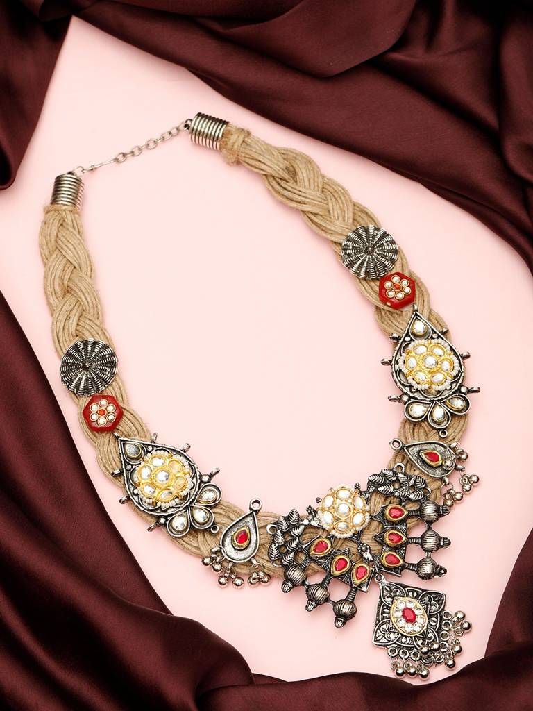 Silver-Plated Meenakari Work Antique Design Oxidised Bohemian Jute Necklace : VI24NK0014