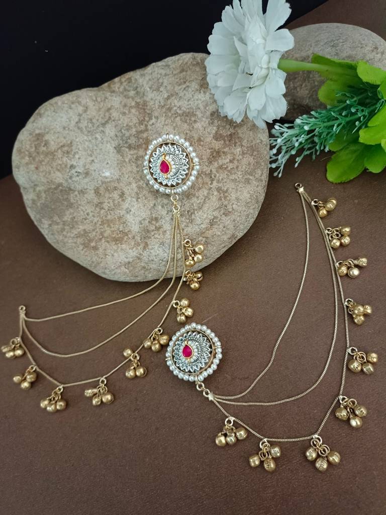 Traditional Gold-Tone Ear Chains (Kaan Chain) With Pachi Kundan Studs And Ghungroo Dangles : VS105329