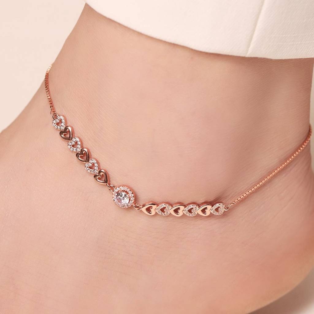 Heart Cubic Zirconia Rose Gold Plated 925 Sterling Silver Anklet : ANK-60329-PAIR-RG