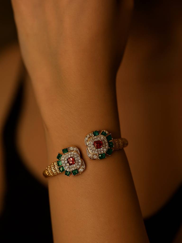 Ethnic Multicolor Stone Studded Cuff Â 18K Gold Plated, 316L Stainless Steel, Ad & Cz Stones : S925B502EMSSC
