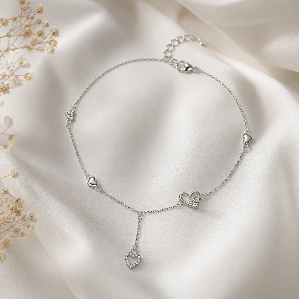 Silver Heart Drop Anklet : AN03485