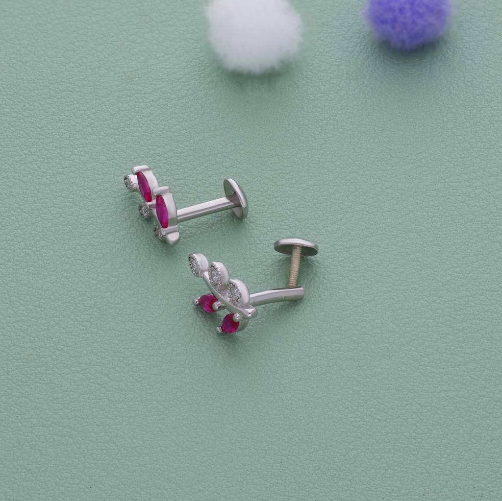 Maroon Leaf Branch Silver Stud For Kids & Teen (8+ Yrs) : KE-KS-RH-P-171-P