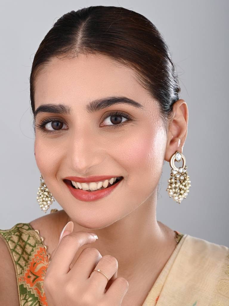 Gold-Plated Meenakari Stud Earrings With Kundan & Pearl Cluster Drops : S24FAER408WHT