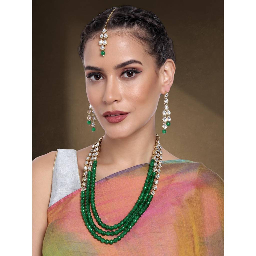 Peora Gold Plated Kundan Pearl Long Necklace Earring Mang Tika Jewellery Set For Women : PF25N093G
