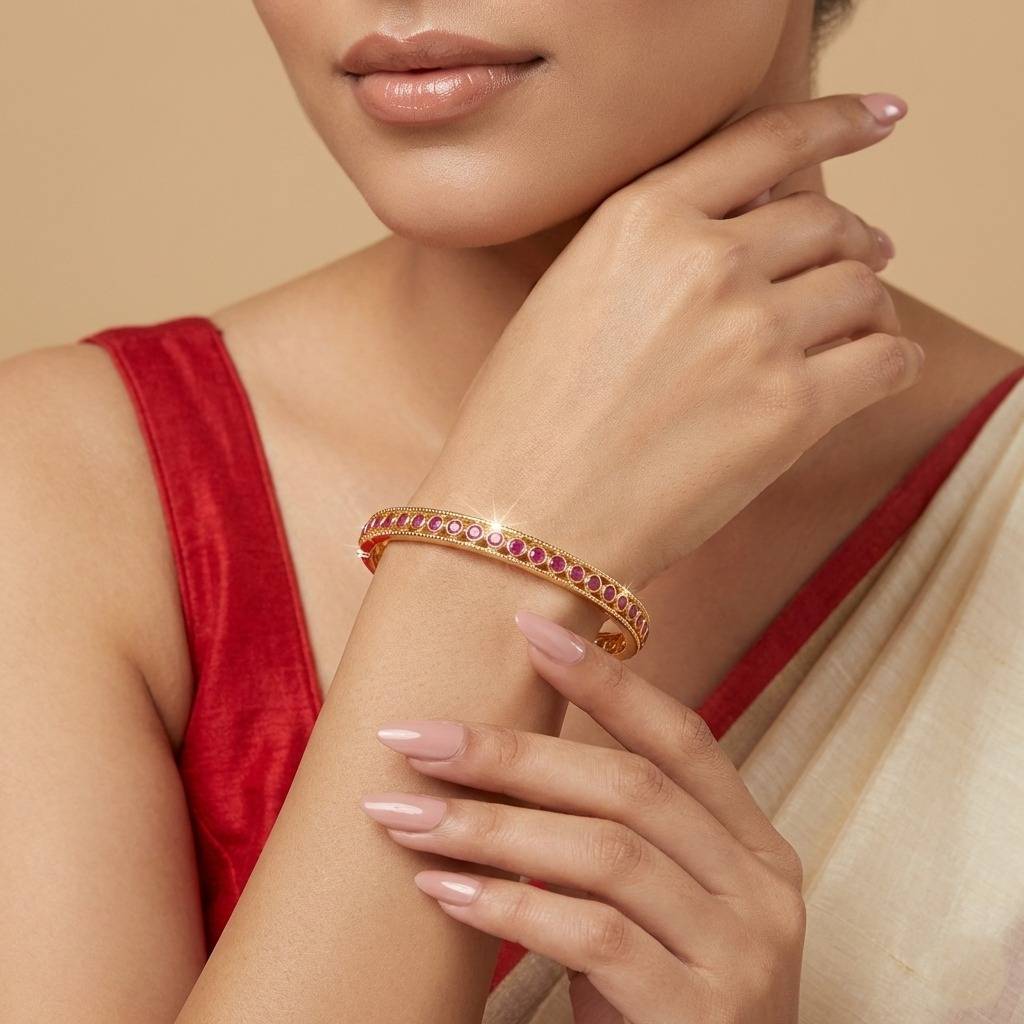 Minimalist Ruby Stone Gold-Plated Bangles For Women | Traditional Daily Wear & Festive Thin Bangles (Set Of 2) : TP1439_24