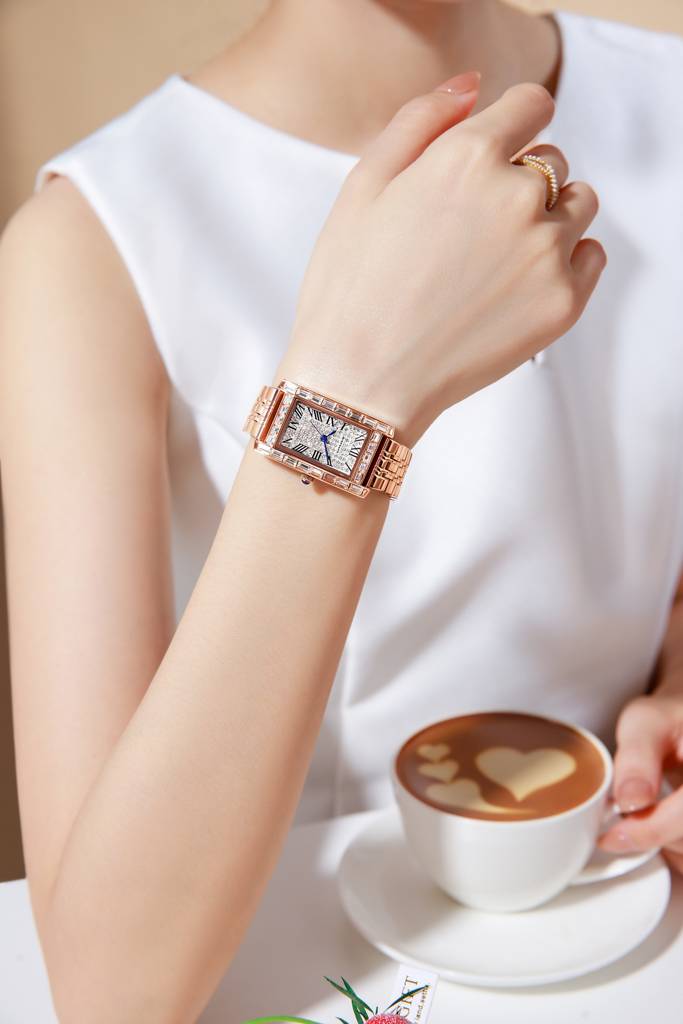 Giordano Rectangular Dress Watch For Women With Crystal Bezel, Roman Indiced And Sparkling Dial : GZ-60119-22