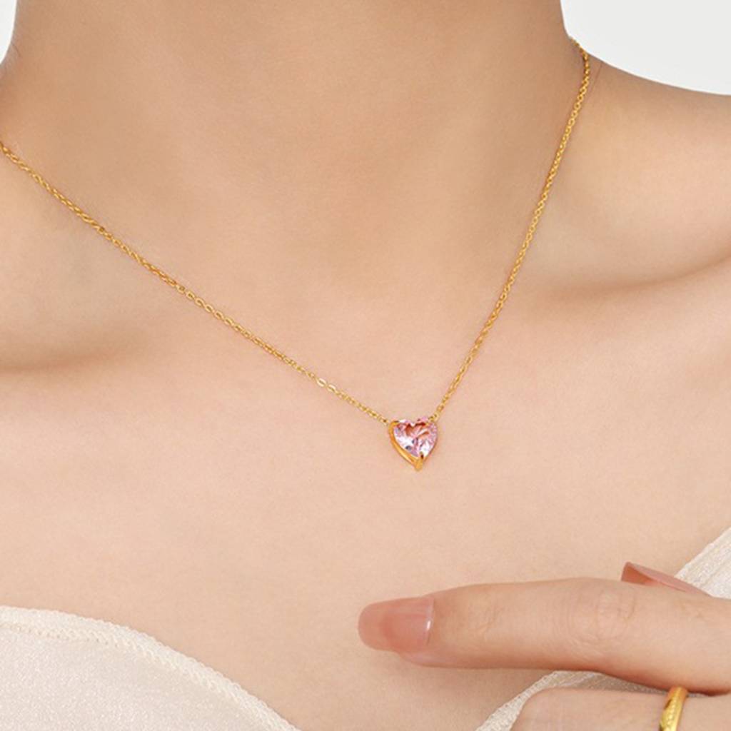 18K Gold Plated Waterproof, Anti-Tarnish White/ Pink Heart Zircon Pendant Necklace : AOU0125PN90PK