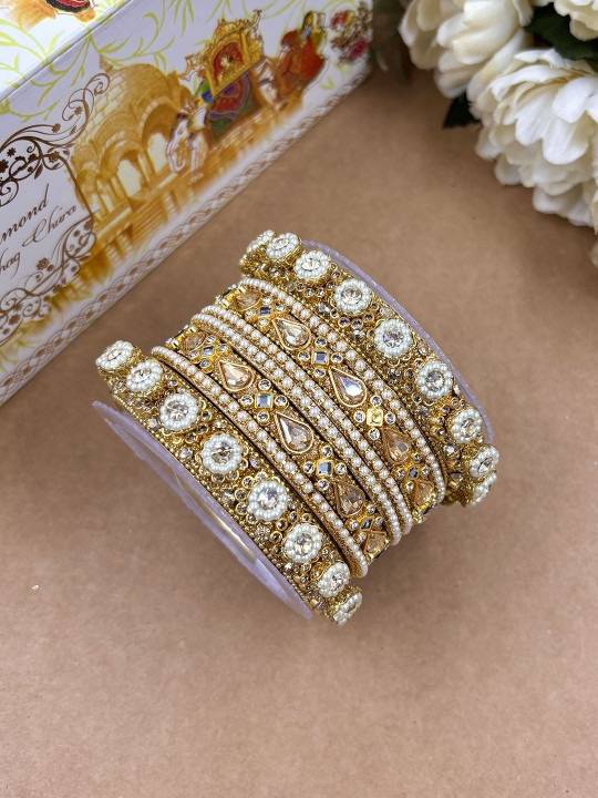 Bridal Golden Kundan Bangles Set – Wedding & Festive Wear : HB-5-24