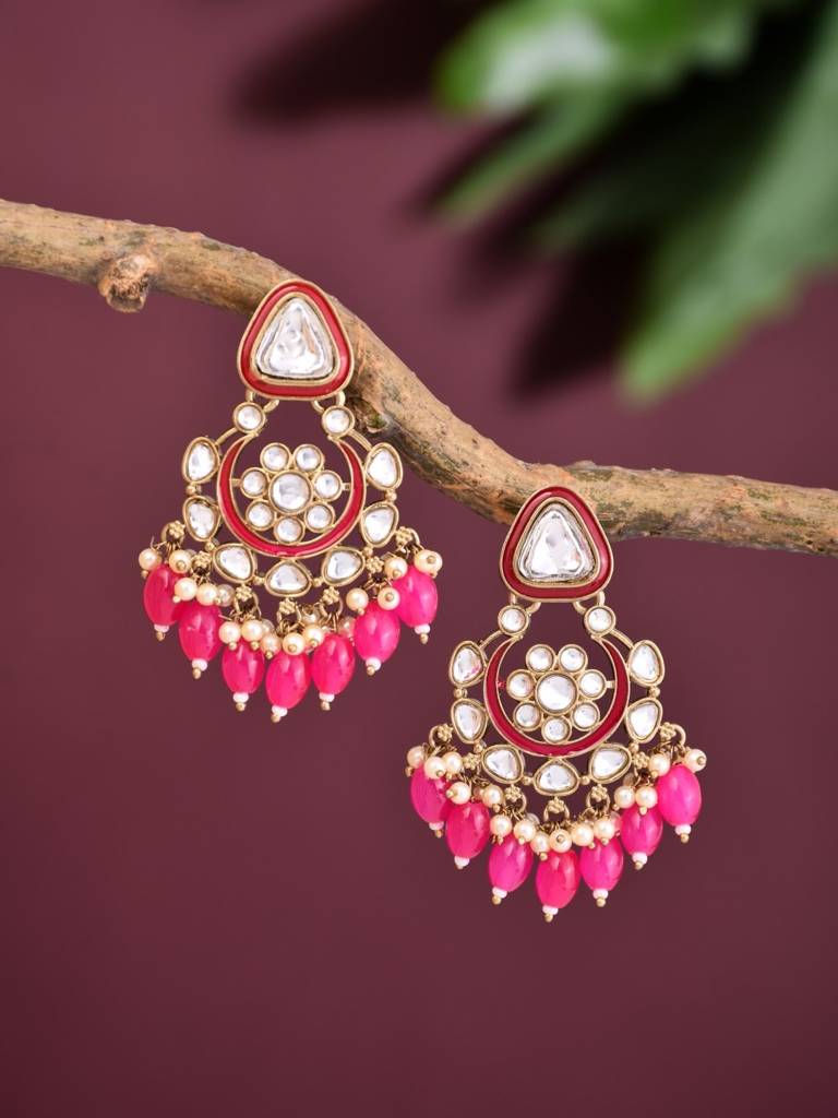 Kundan Hoop Pearl Fringe Earrings : S24FAER238PNK