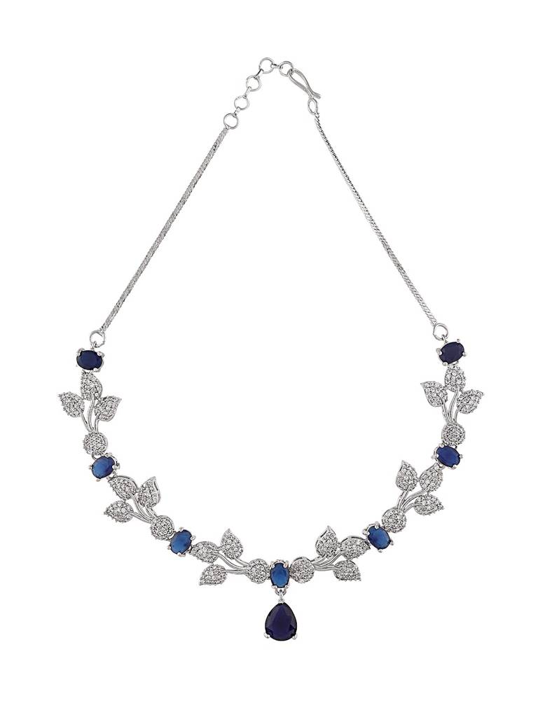 Elegant Blue Crystal Leaf Pattern Jewellery Set With Necklace And Earrings For Party Wear : sherva-JS