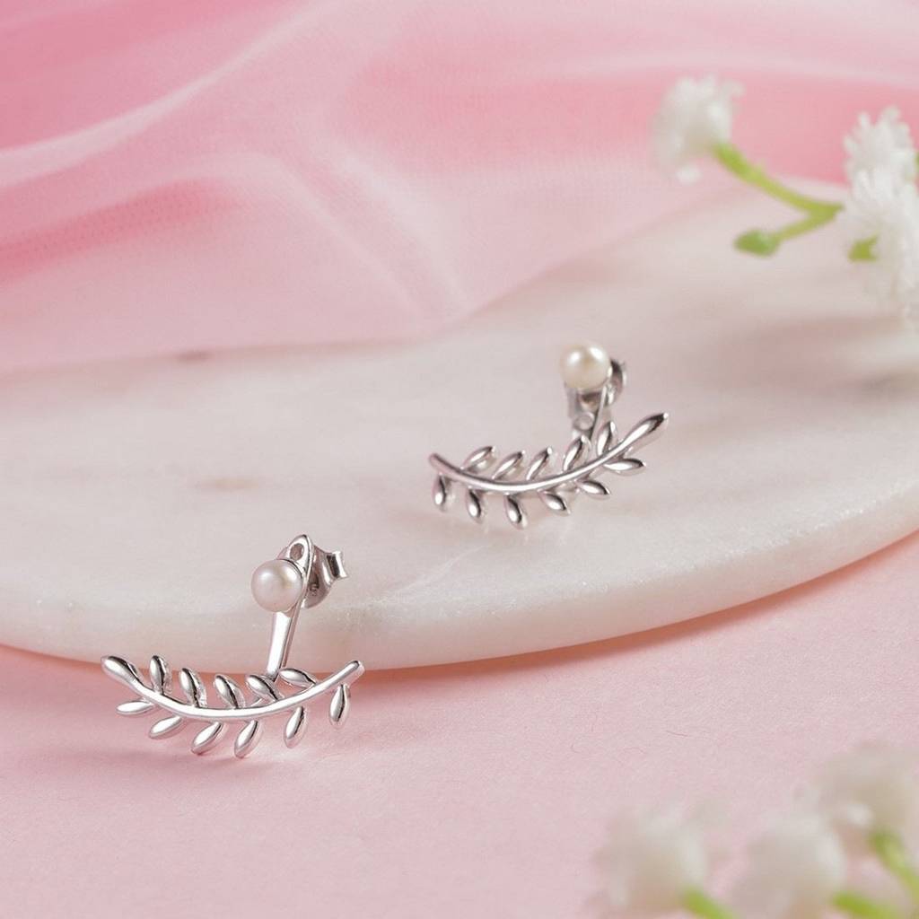 Leafy Pearl Two-Way Rhodium Plated 925 Sterling Silver Studs : EAR-20359