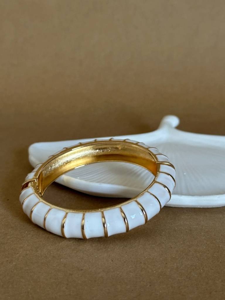 Ivory Stripe Enamel Gold Bracelet | Anti-Tarnish Everyday Bangle : ATB681WSEB