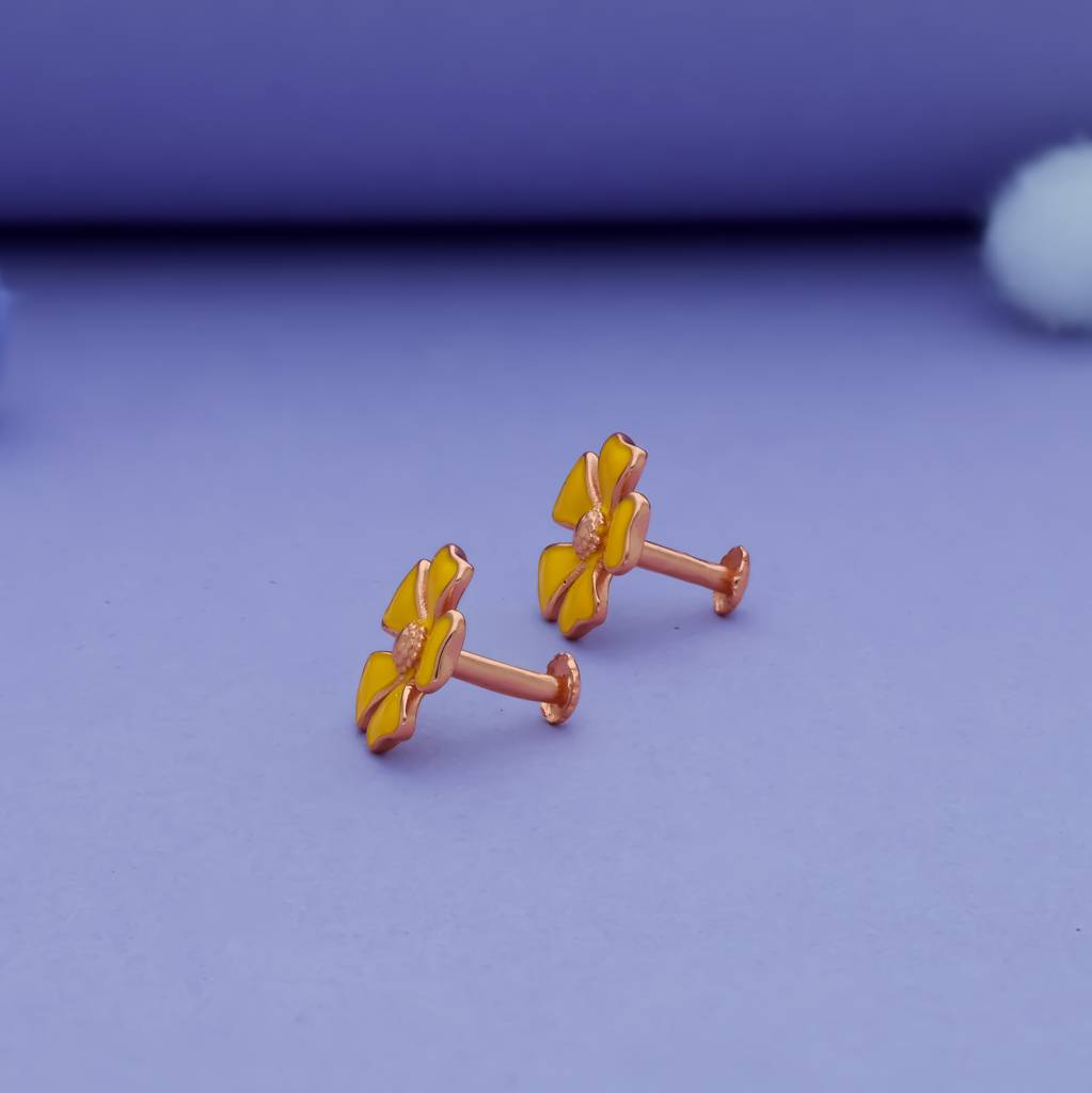 925 Sterling Silver Earrings For Baby Girl With Yellow Flower Design : KE-KS-RG-U-259-P