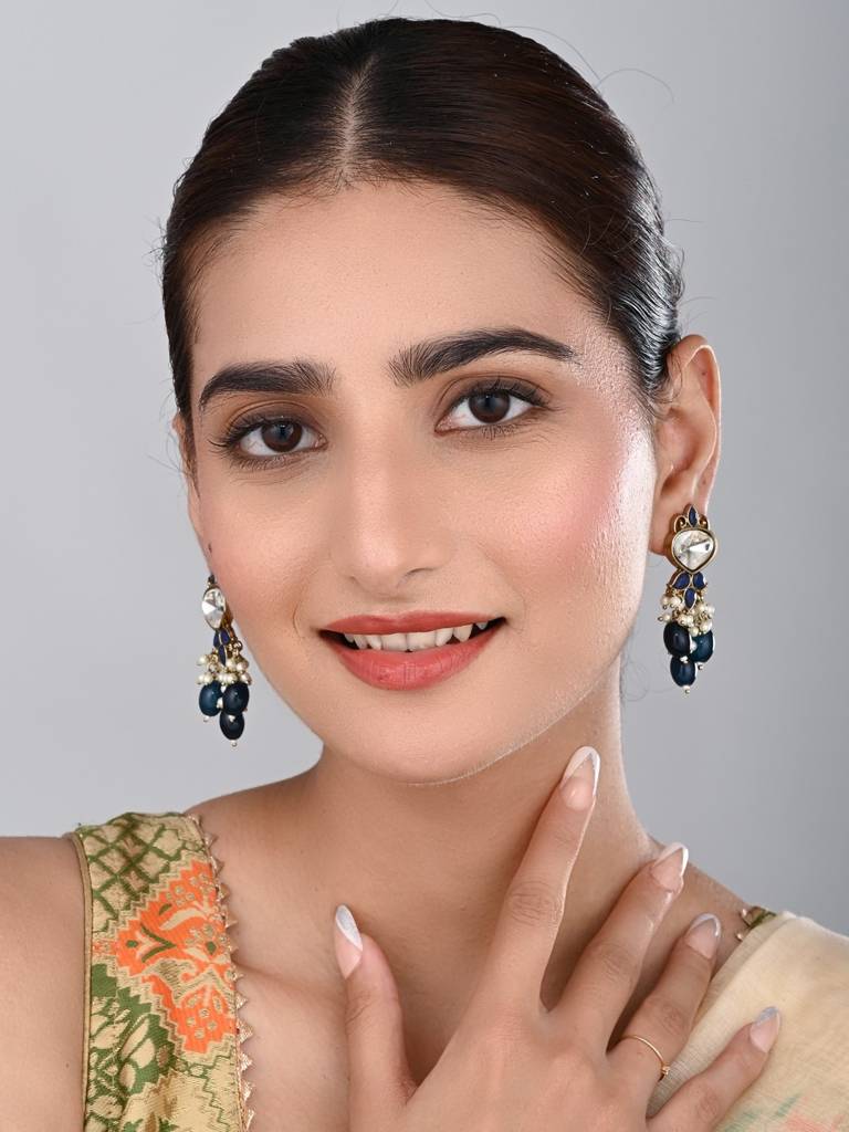 Gold Plated Kundan & Pearl Drop Earrings : S24FAER410BLU
