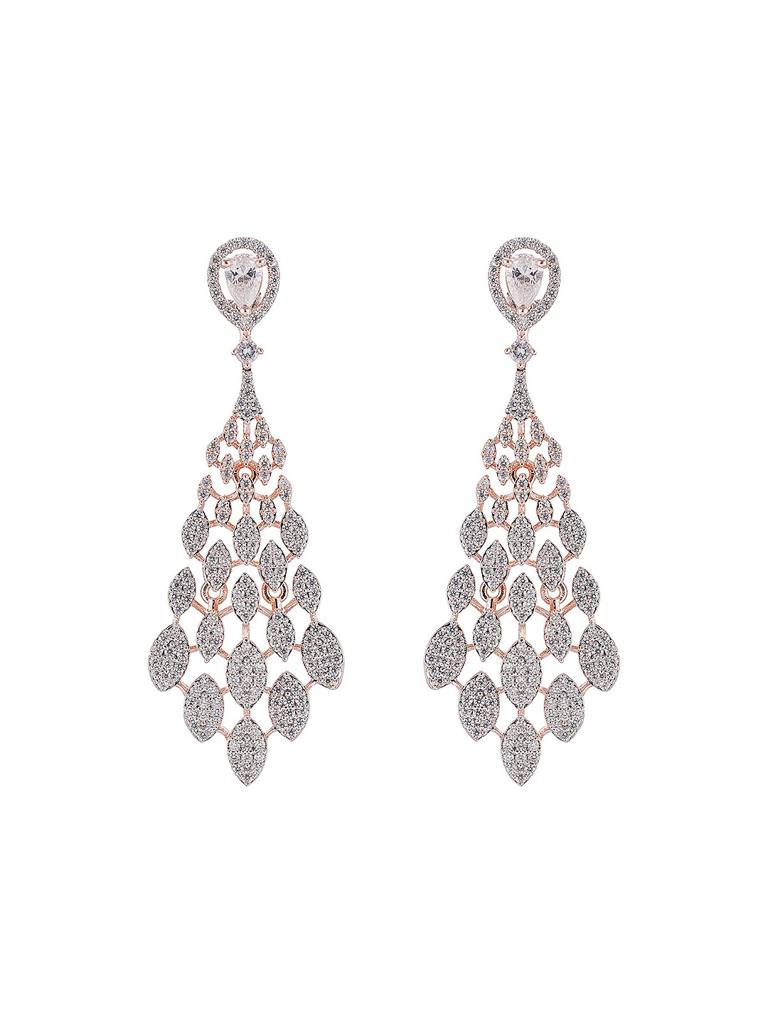 Rose Gold Plated Ad Zircon Studded Delicate Dropdown Chandelier Earrings : SJER2925
