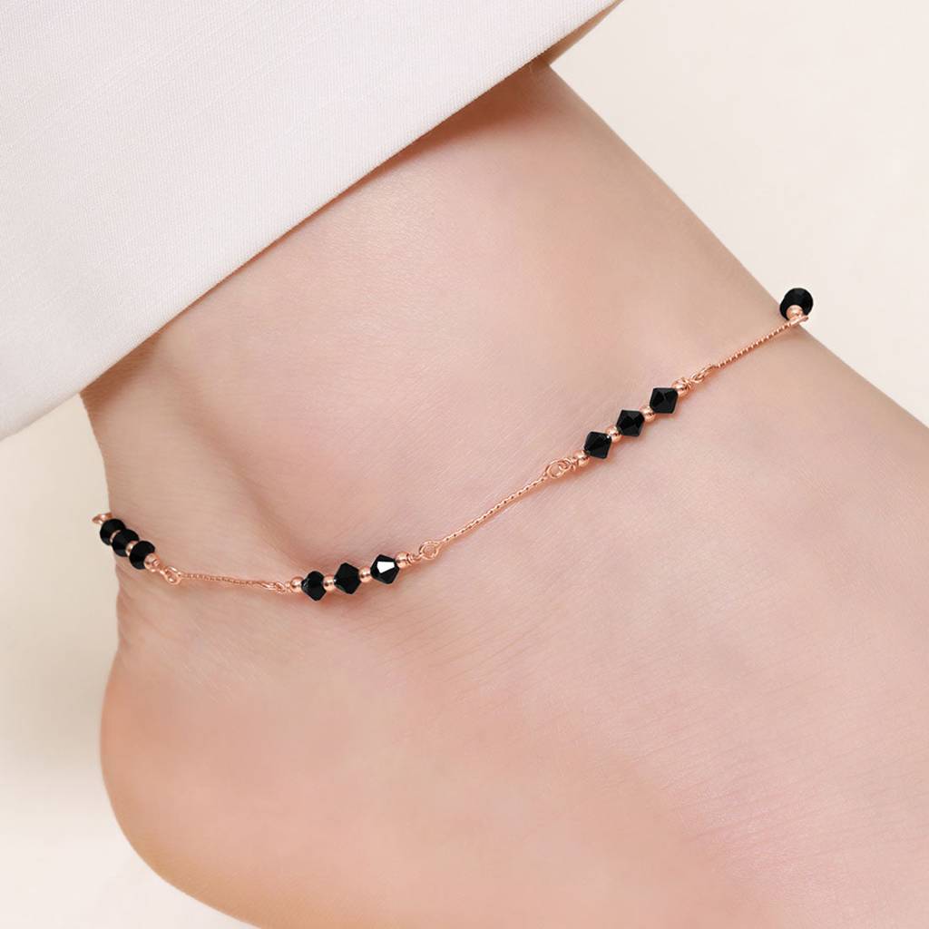 Black Beauty Rose Gold Plated 925 Sterling Silver Adjustable Chain Anklet : ANK-60412-PAIR-RG