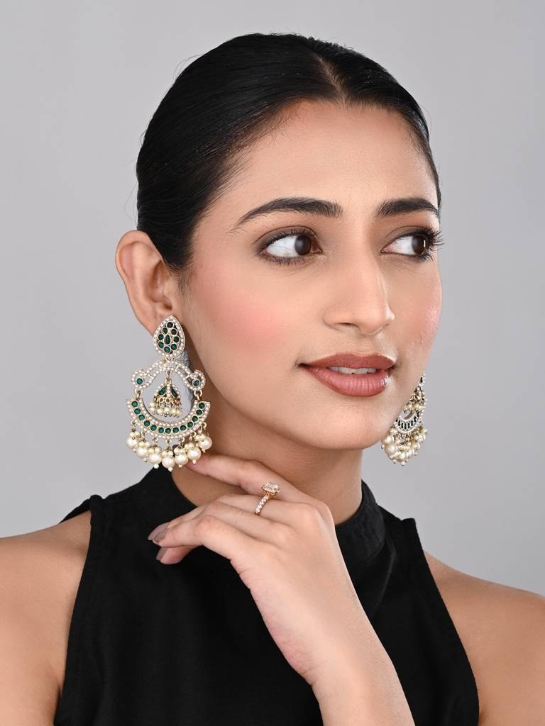 Gold Plated Stone & Beads Chandbali Earring : S24KCER438GRN