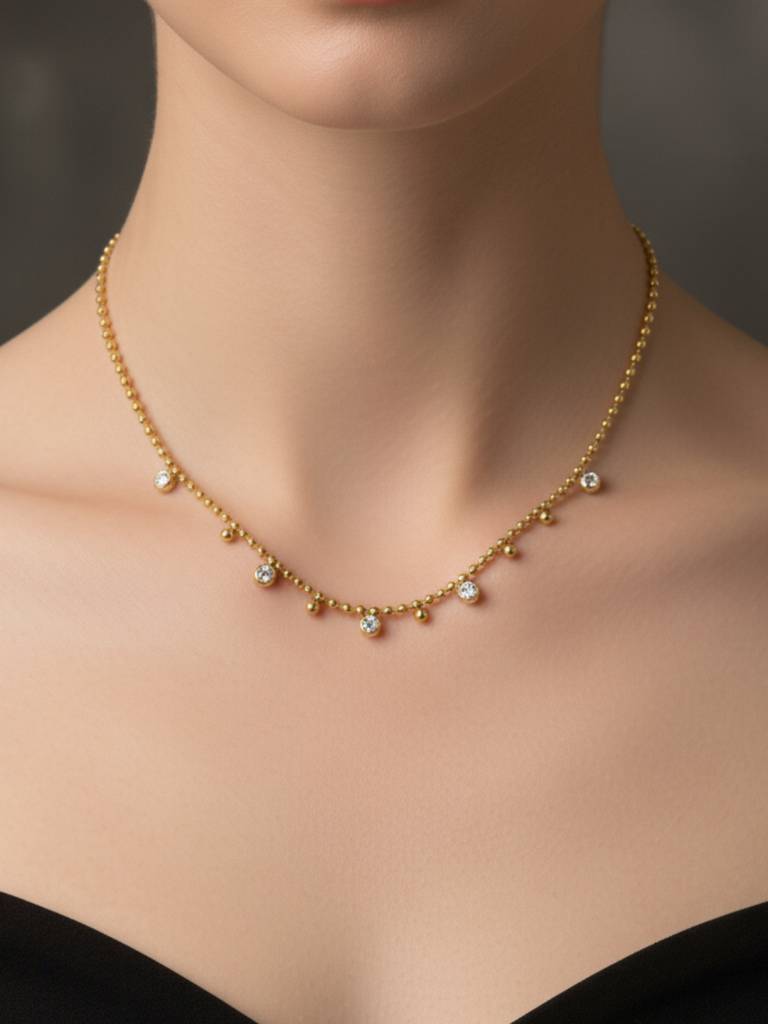 Anti-Tarnish White Stone Beaded Chain | 18K Gold Cz Jewelry : ATC649WSBN
