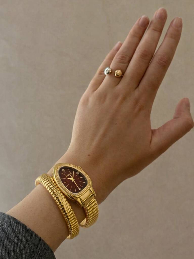 Ruby Dial Spiral Serpenti Gold Watch-Style Bracelet With Cz Stones : WA878RDSS
