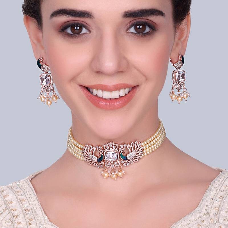 Luxury Rose Gold Finish Cz Multi String Choker Set – Bridal & Festive Wear : AD-934-RGWENKER