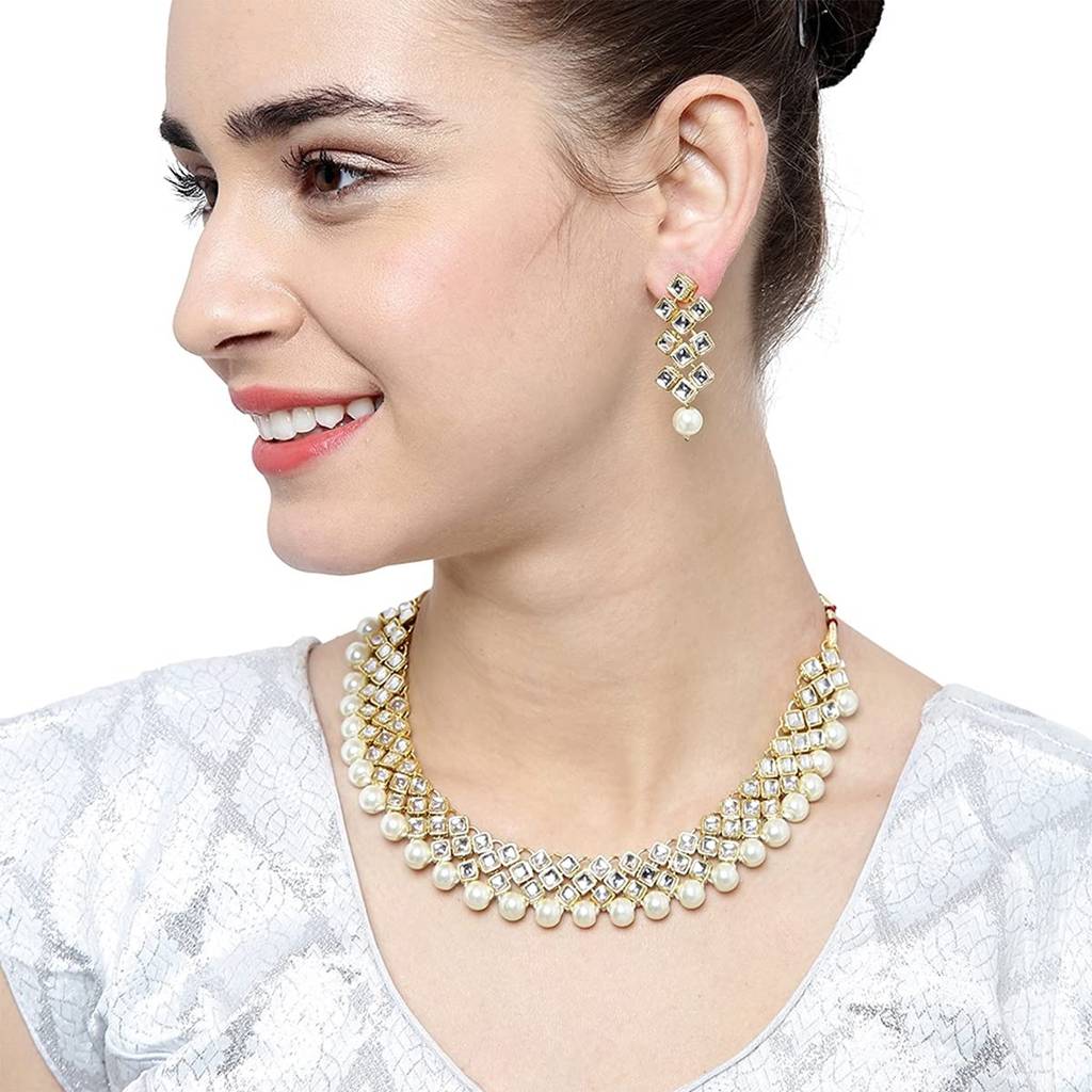 Peora Gold Plated Indian Ethnic Kundan Pearl Fancy Bridal Traditional Choker Necklace Jewellery Set With Earrings : PF25N1018W