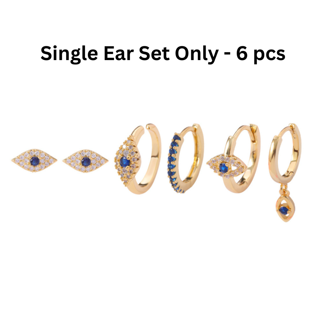 Set Of 6 18K Plated Antitarnish Evil Eye Zircon Earring Set For Single Ear Only : AWU0125E054BL