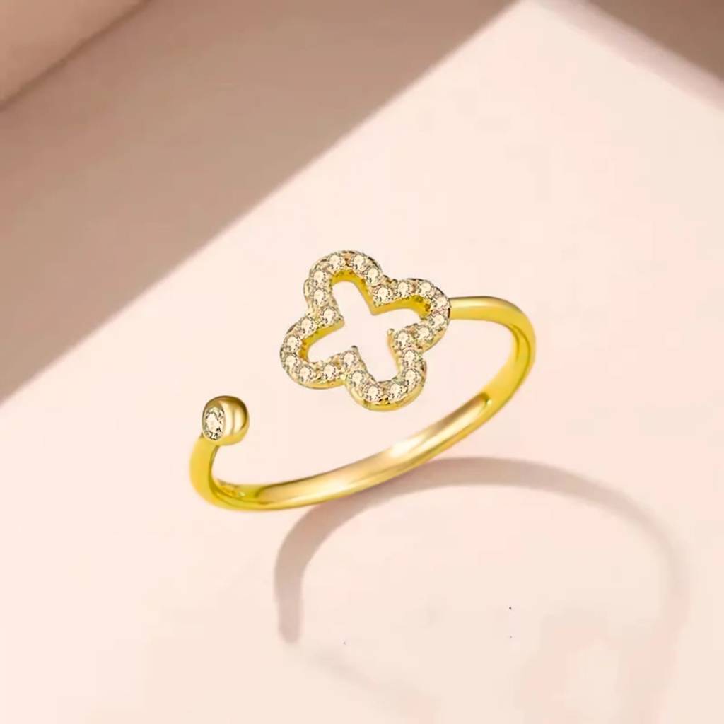 925 Sterling Silver 18K Gold Plated Clover Ring, Flower Adjustable Ring For Women & Girls : BRDGPCRO
