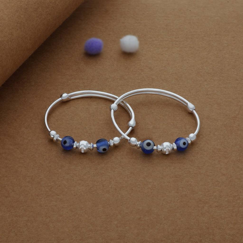 Iyal Nazar Blue Pearl 925 Silver Kids Bangles (0-3 Yrs) : KB-CC-RH-E-355-P