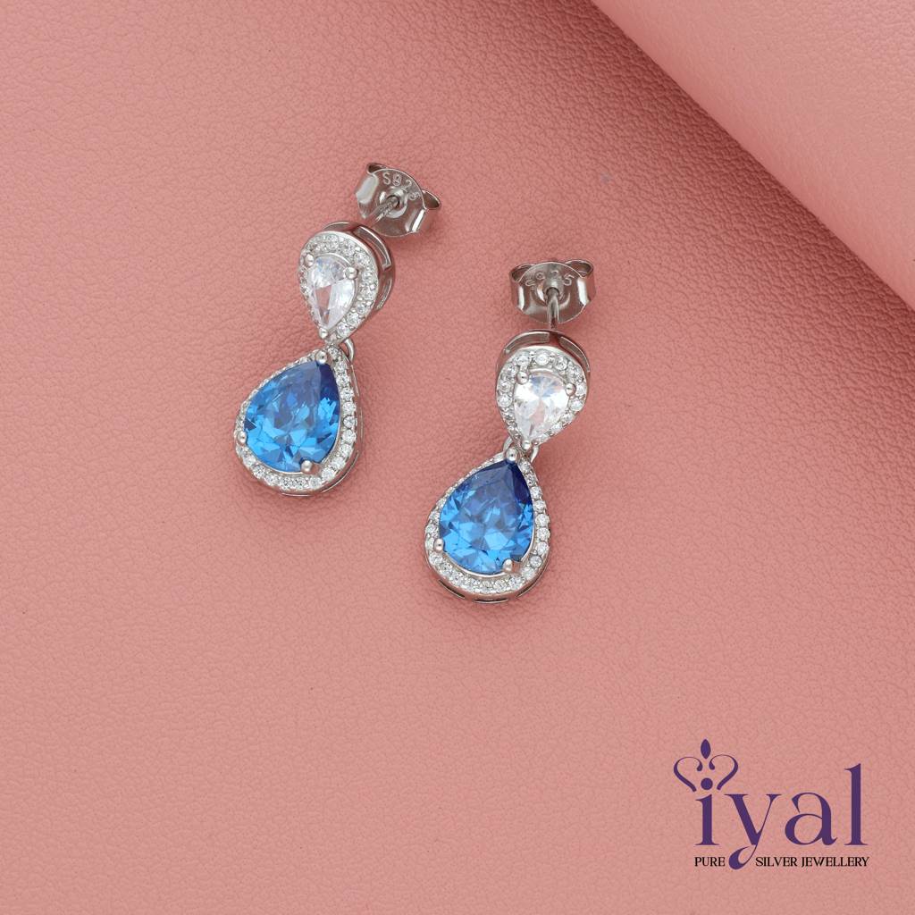 Dainty Blue Stone Silver Drop Earrings : ED-7