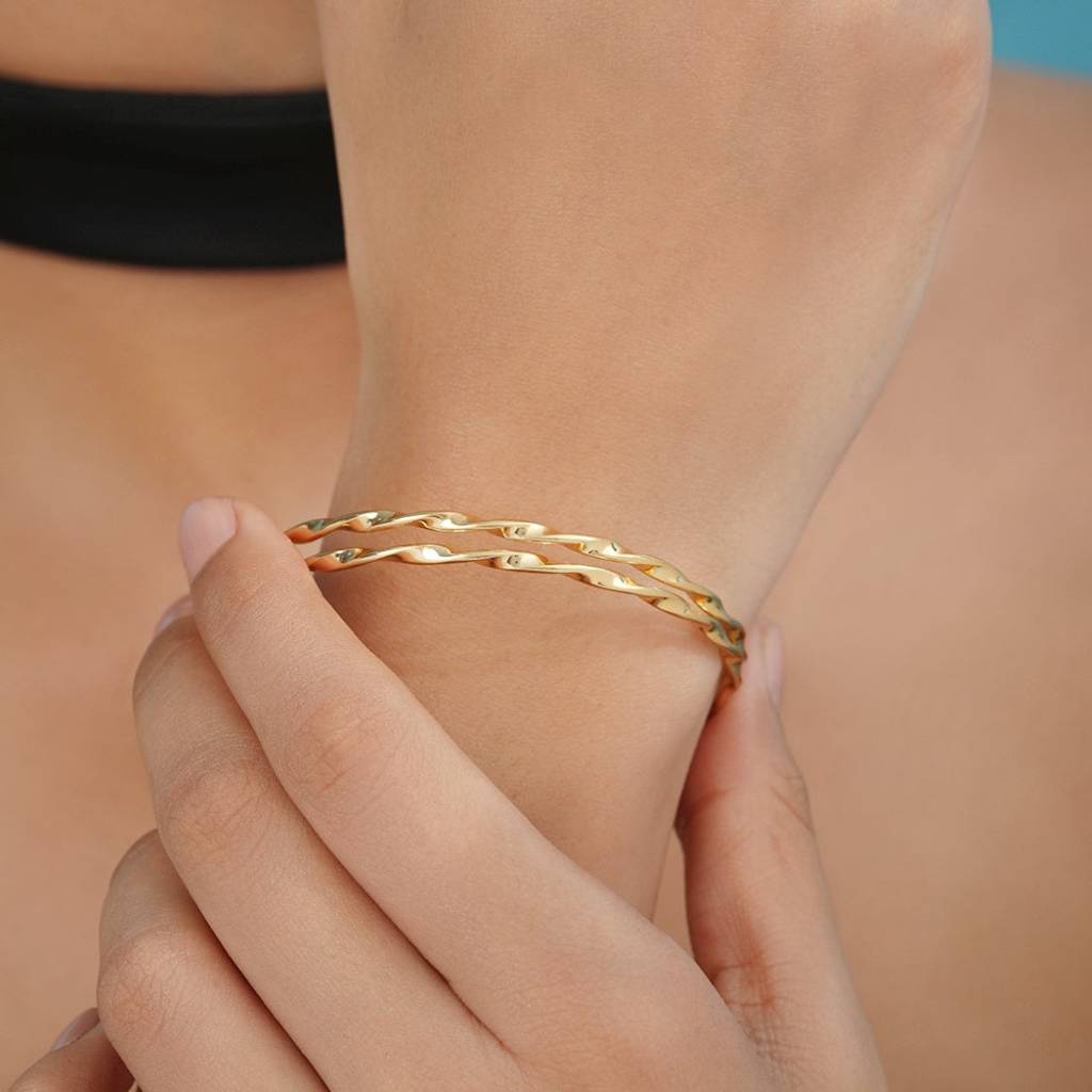 Golden Abstract 925 Sterling Silver Gold-Plated Abstract Bangle : BA-90014-PAIR-2-6-G