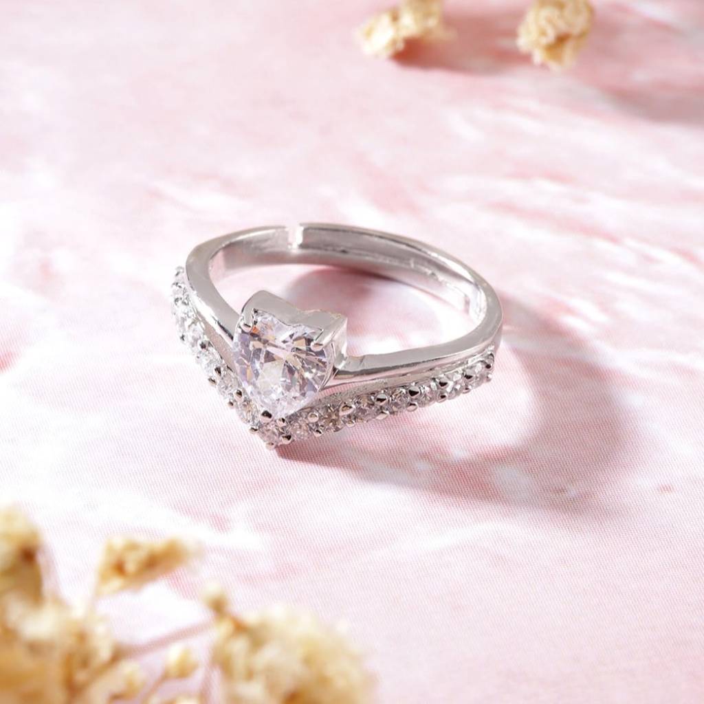 Shimmering Love Rhodium-Plated Heart Cz 925 Sterling Silver Ring (Adjustable) : RNG-40251-R