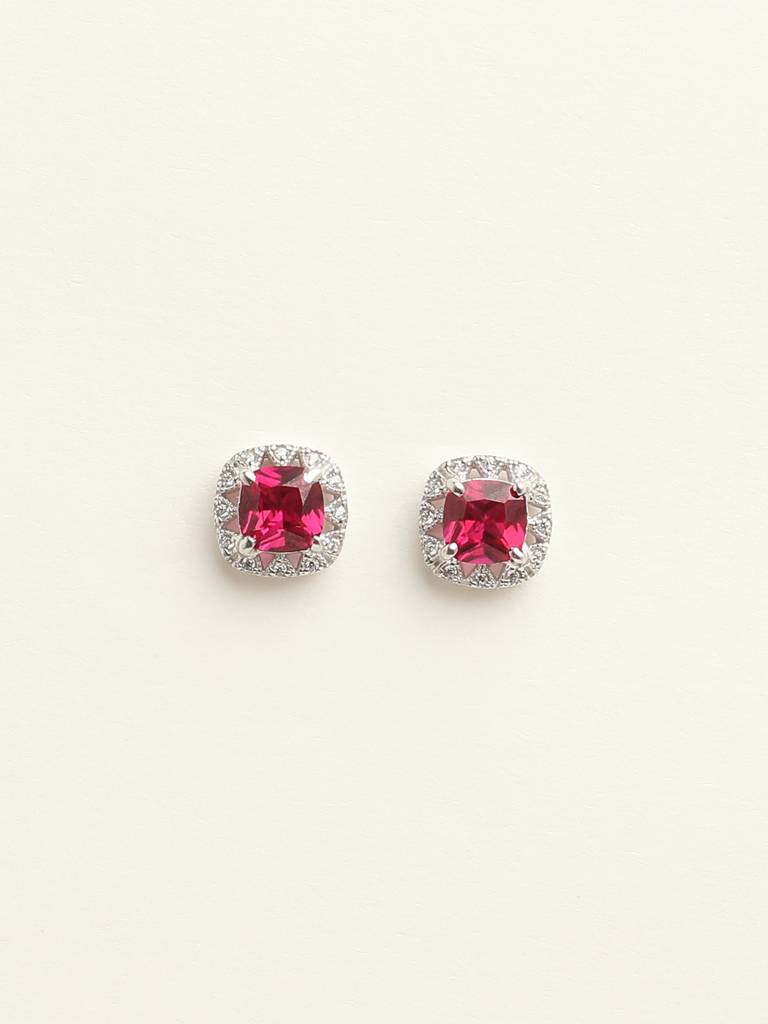 92.5 Sterling Silver Rhodium Plated Swiss Zirconia Blood Red Cushion Stud Earrings With Screw Back Gift For Wom : CSCLRE2CU_RU
