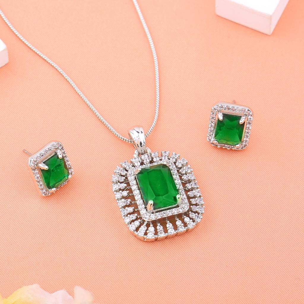 Estele Rhodium Plated Cz Sparkling Square Designer Pendant Set With Emerald Stone For Women