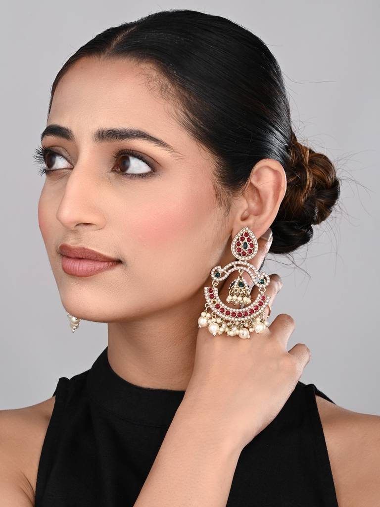 Gold Plated Stone & Beads Chandbali Earring : S24KCER438MLT