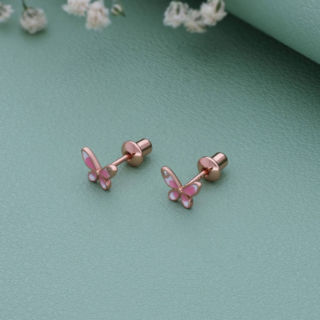Lovely Butterfly 18K Rose Gold Polish Silver Stud(2+ Yrs) : KS-10