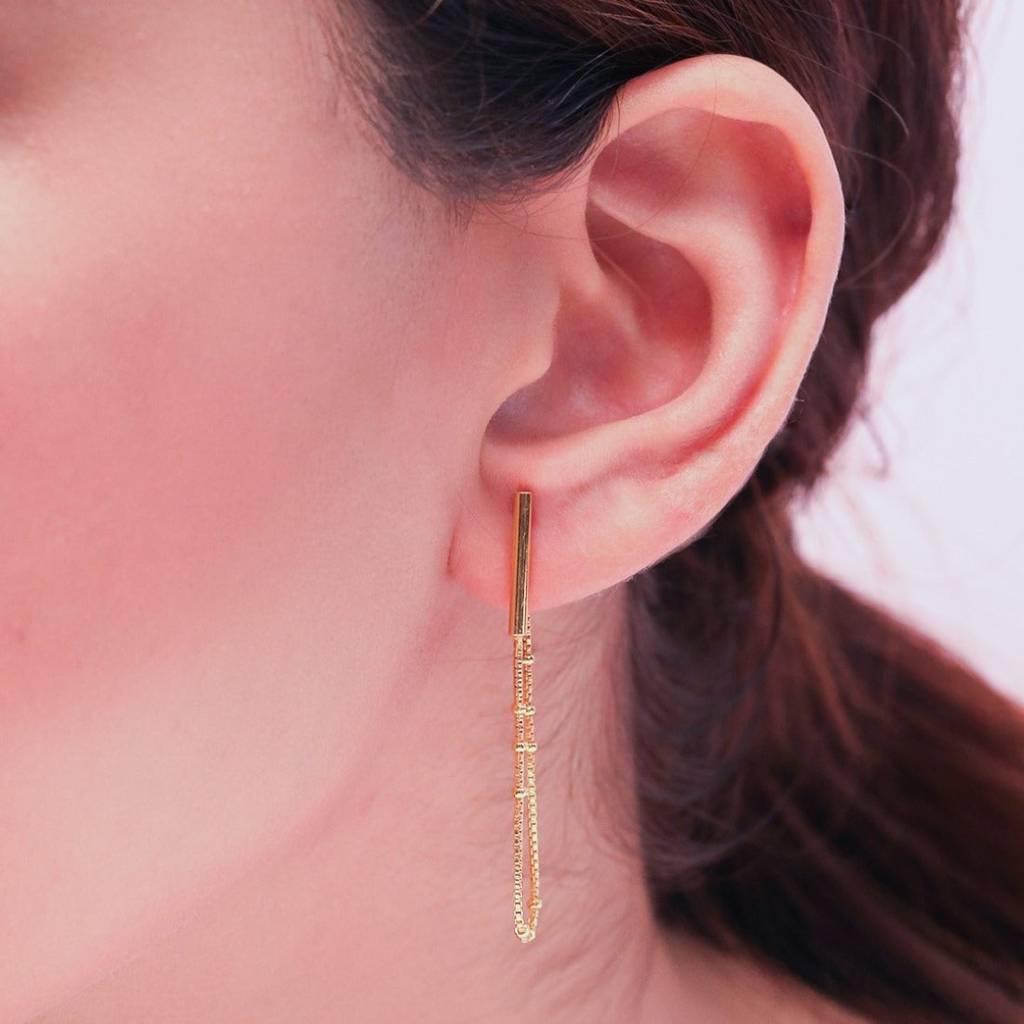 Golden Cascade 925 Sterling Silver Stud Earrings With Drop Chain Look : EAR-20424