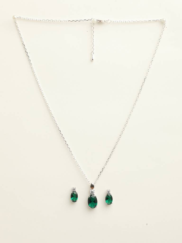 92.5 Sterling Silver Rhodium Plated Swiss Zirconia Dark Green Oval Pendant Earring Chain Jewellery Set Gift F : CSCLRP5E5OV_EM
