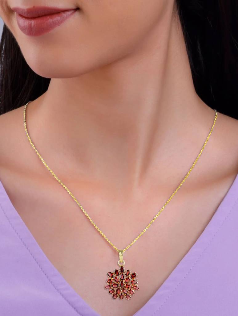 925 Sterling Silver Gold Plated Garnet Pendant With Chain For Women | Gemstone Pendant | Handmade Jewelry | Elegan : FU-040G-C