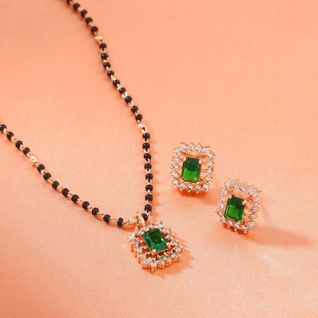 Estele Rose Gold Plated Cz Square Designer Necklace Set With Emerald Stones For Women