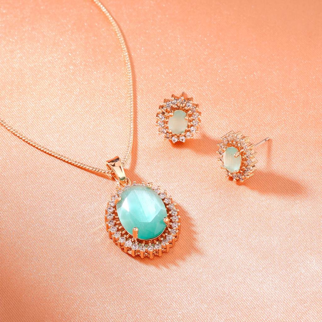 Estele Rose Gold Plated Cz Beautiful Round Designer Pendant Set With Mint Green For Women