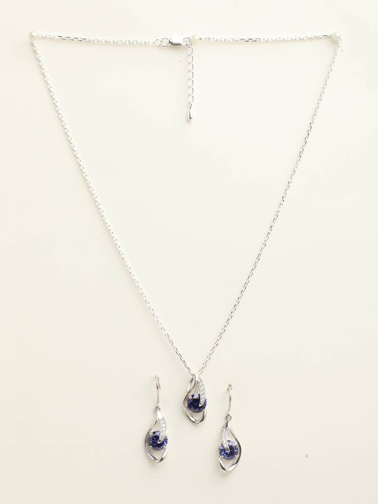 92.5 Sterling Silver Rhodium Plated Swiss Zirconia Royal Blue Eye Pendant Earring Chain Jewellery Set Gift Fo : CSCLRP3E3RD_BS