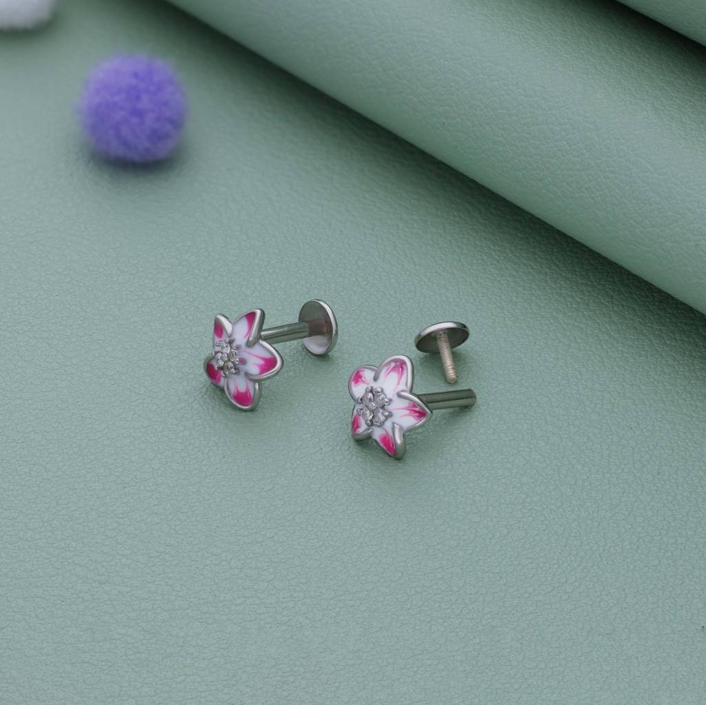 Pink Flower Butterfly 925 Silver Stud For Kids & Teen(10+ Yrs) : KE-KS-RH-A-197-P